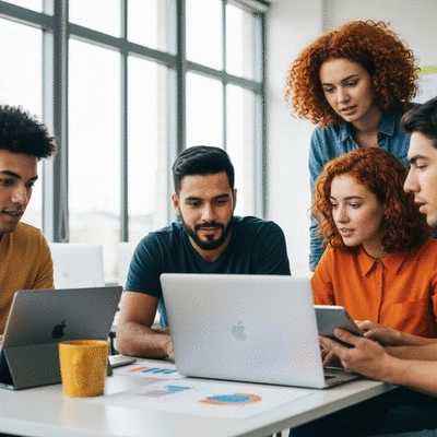 Diverse group of young content creators collaborating on a digital marketing strategy, using laptops and tablets, in a modern, brightly lit office environment, no text, no words, no typography, clean image