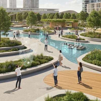 Group of diverse people in an urban park engaging with AR technology through smart glasses, showing shared digital elements