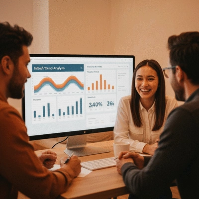 Group of diverse professionals collaborating on a digital marketing strategy, leveraging trend analysis data