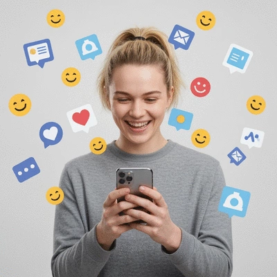 Person looking at phone smiling, surrounded by floating icons representing joy, validation, and nostalgia