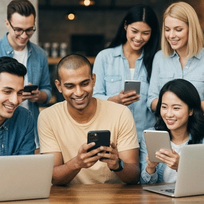 People engaging with social media content on various devices