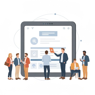 People collaborating and sharing ideas on a digital platform, representing community building and engagement through UGC, clean and modern design, no text, no words, no typography, no labels, clean image