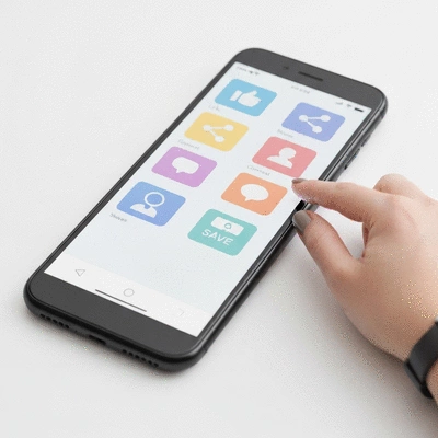 Close-up of a smartphone screen displaying various engagement metrics like likes, shares, comments, and saves, with a hand interacting with the screen, bright, clean background, no text, no words, no typography, clean image